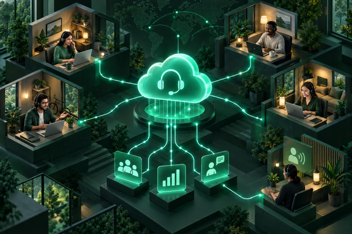 Une équipe à distance reliée à un centre d’appels cloud, à ses données clients et à ses indicateurs