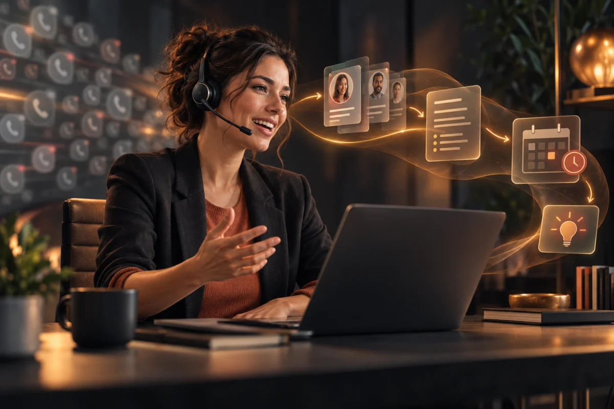 Une vendeuse en conversation pendant que résumés, suivis et coaching s’organisent automatiquement autour d’elle