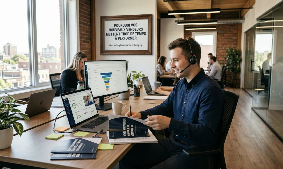 Nouveau vendeur en onboarding dans un bureau avec tableau de performance commerciale
