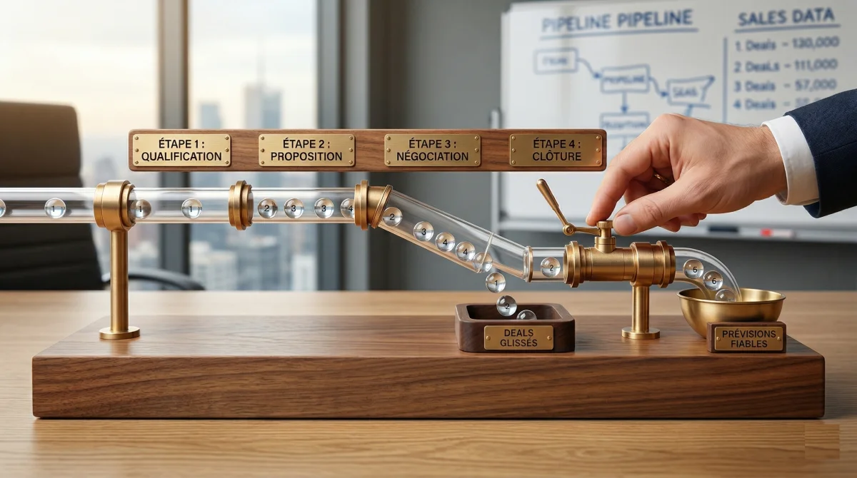 Pipeline commercial illustrant les étapes de vente, les deals glissés et les prévisions