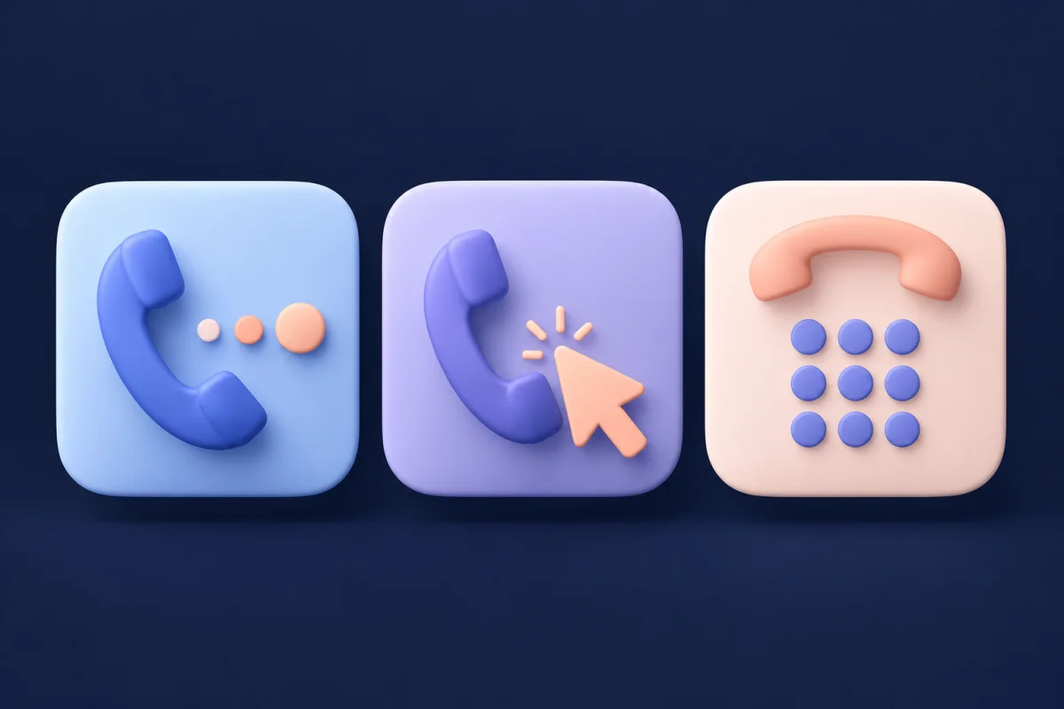 Trois tuiles bleu, lilas et pêche avec un combiné, une file de points, un curseur et un clavier téléphonique