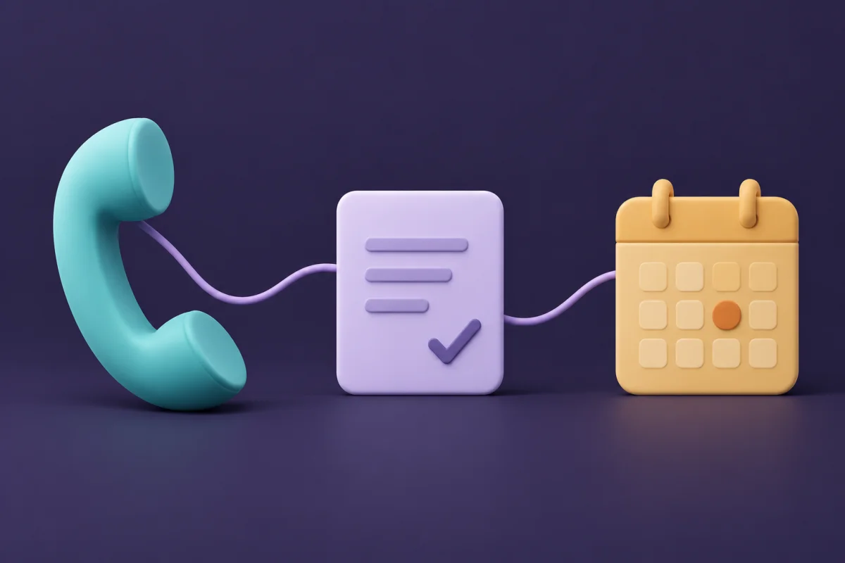Un combiné turquoise relié à une fiche lilas avec une coche et à un calendrier ambre sur fond sombre