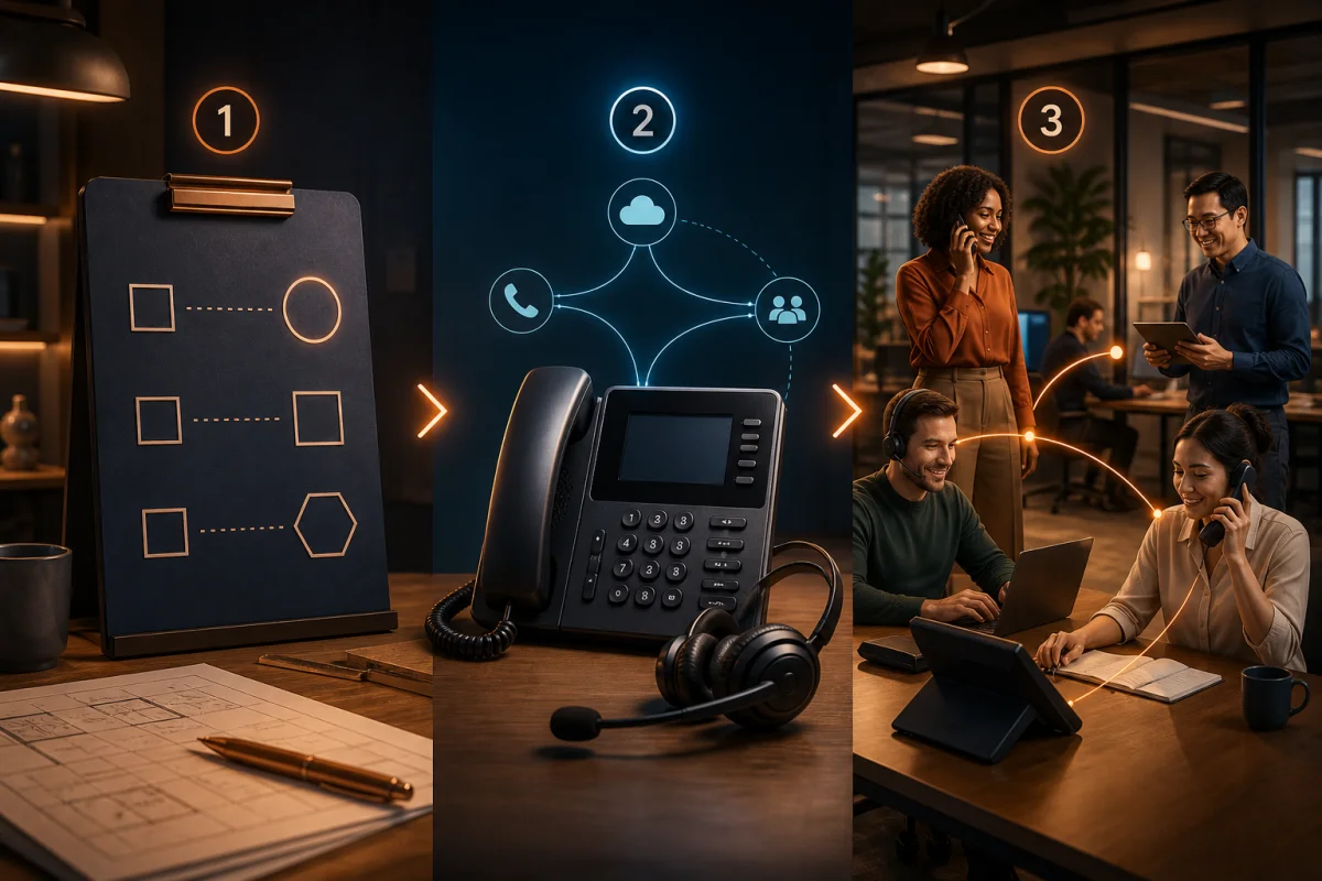 Parcours en trois étapes reliant la planification, un téléphone professionnel et le déploiement auprès d’une équipe de PME