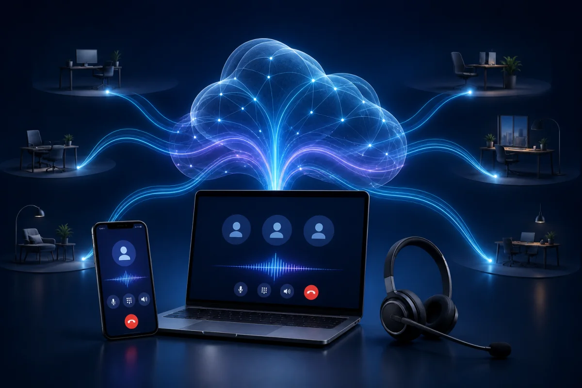 Téléphonie cloud reliant les appels d'une équipe sur ordinateur, mobile et casque professionnel
