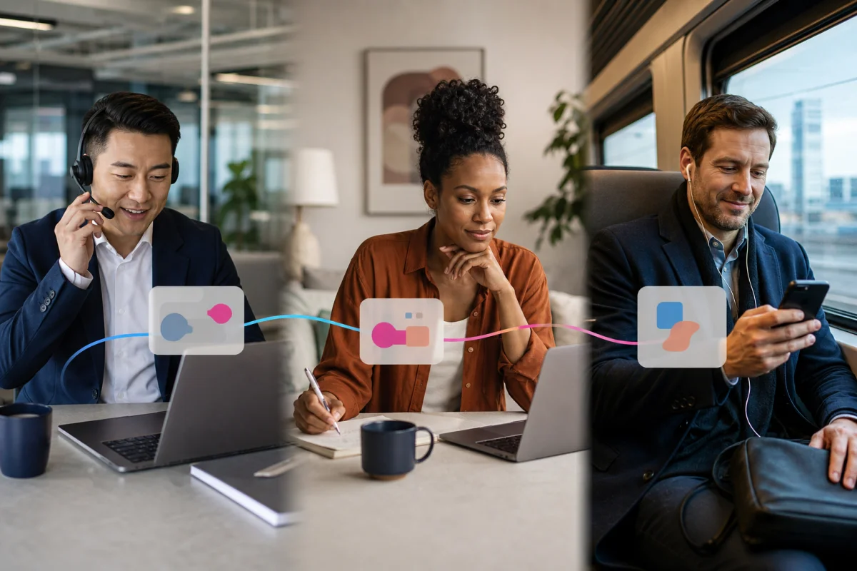 Trois vendeurs connectés depuis un bureau, un domicile et un train avec leurs appareils professionnels