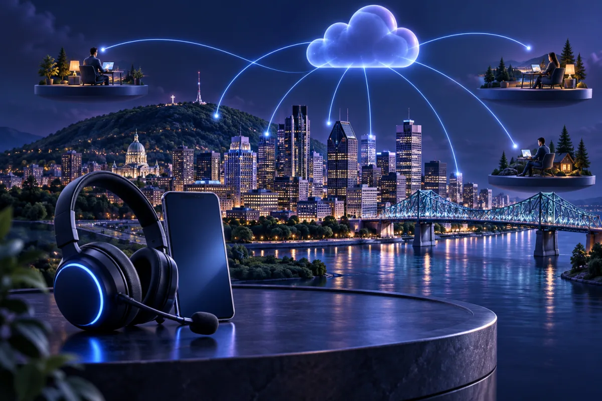 Casque et cellulaire reliés à un nuage lumineux au-dessus d’une miniature de Montréal et de son pont