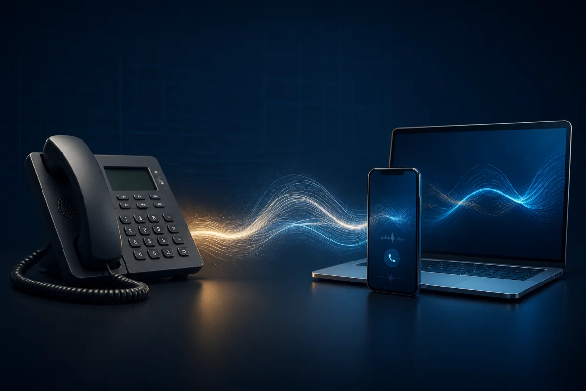 Comparaison entre un téléphone fixe traditionnel et une téléphonie VoIP sur mobile et ordinateur