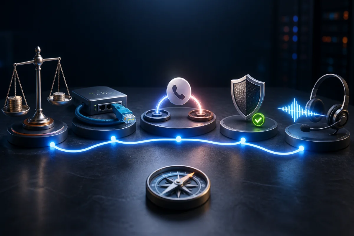 Parcours VoIP reliant coûts, réseau, portage, sécurité et qualité d’appel sur cinq postes de contrôle