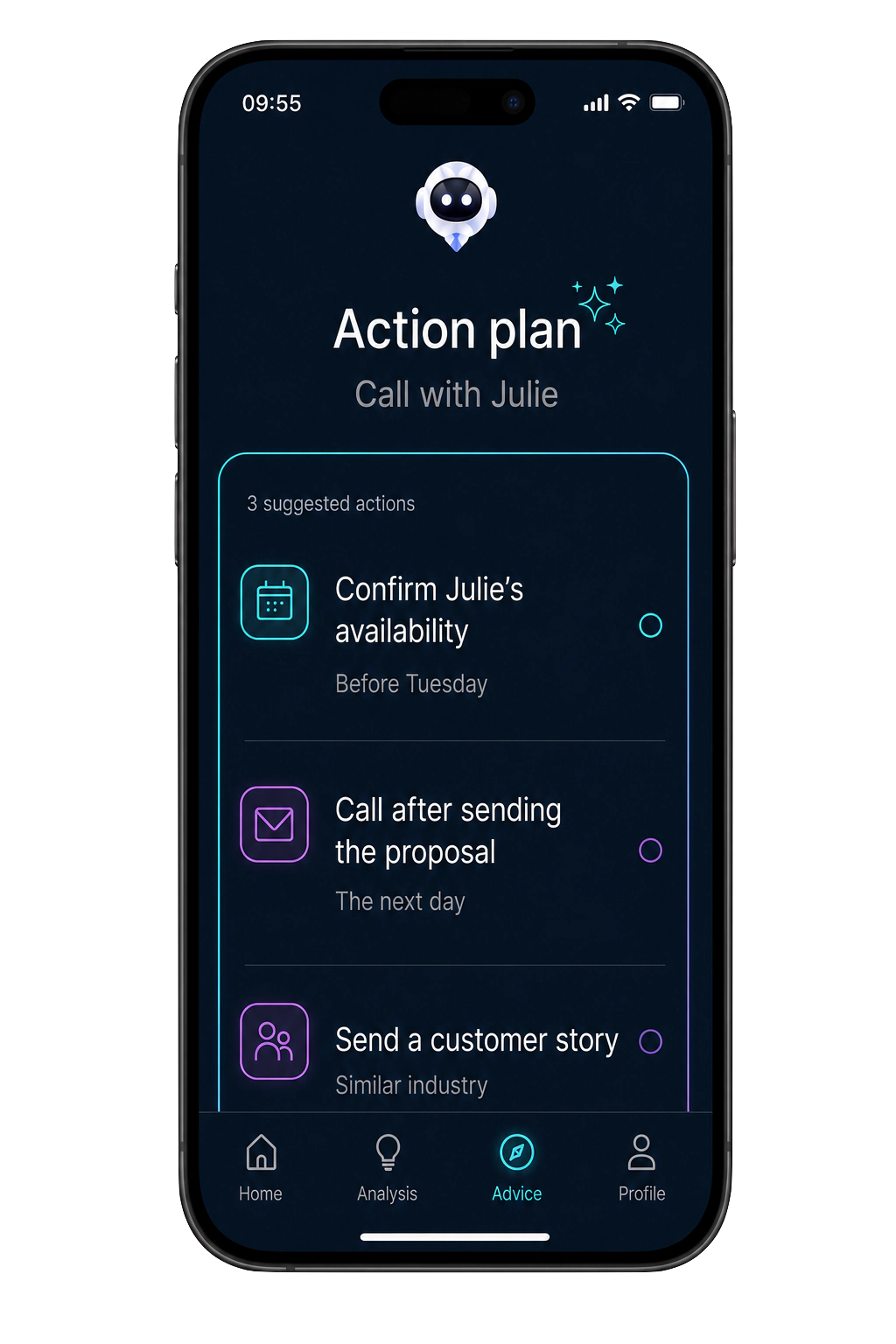 The Bloom AI app showing three suggested actions generated from a call