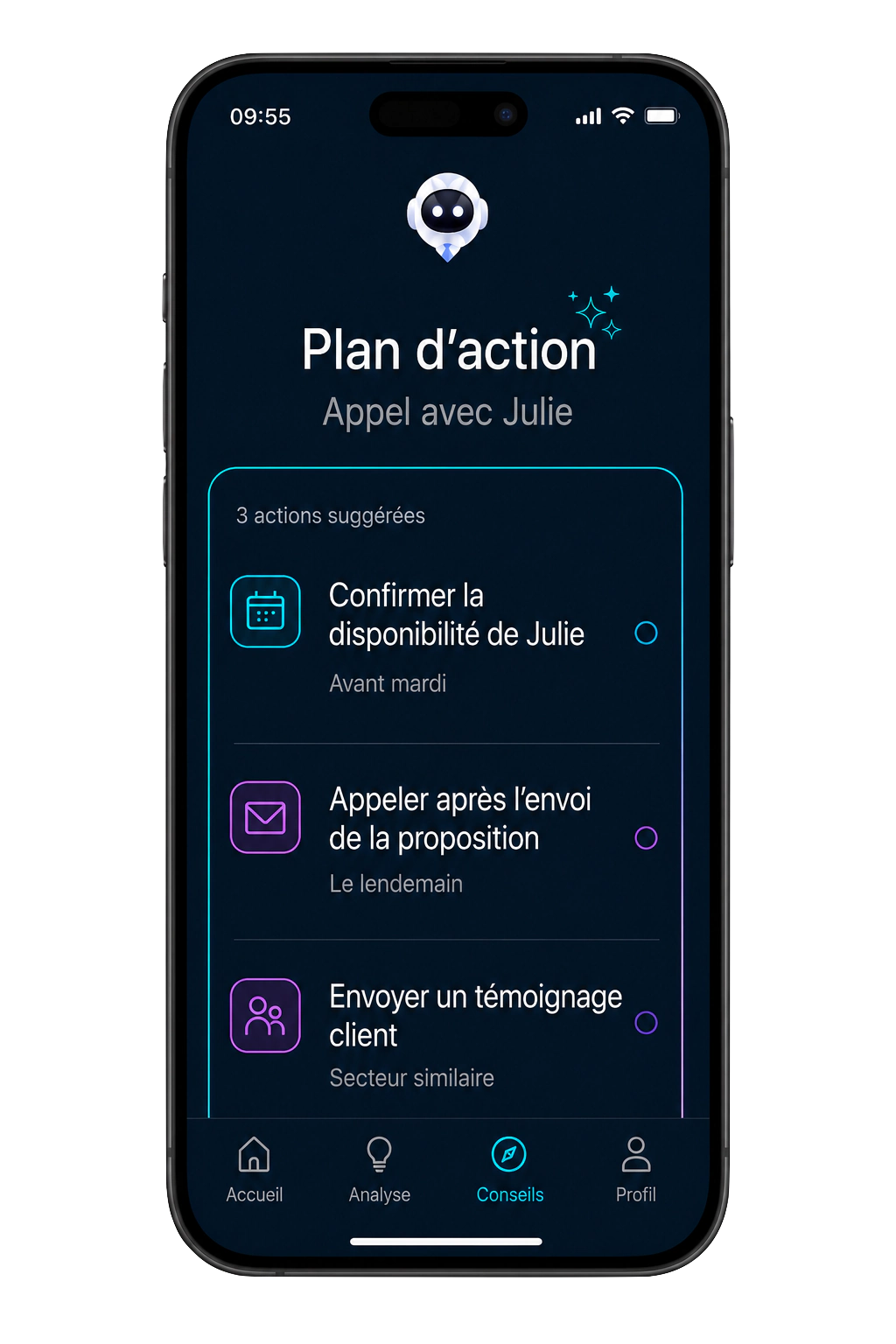 Application Bloom IA affichant trois actions suggérées à partir d'un appel