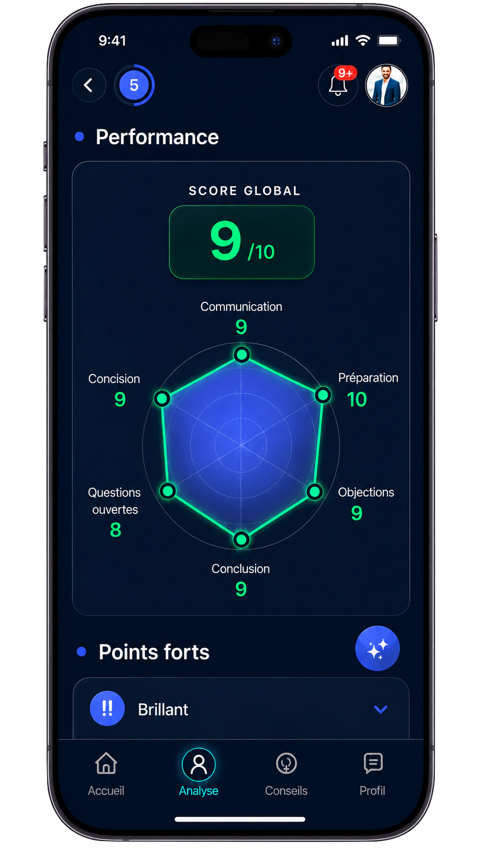 Application Bloom IA affichant le score global et le radar de performance