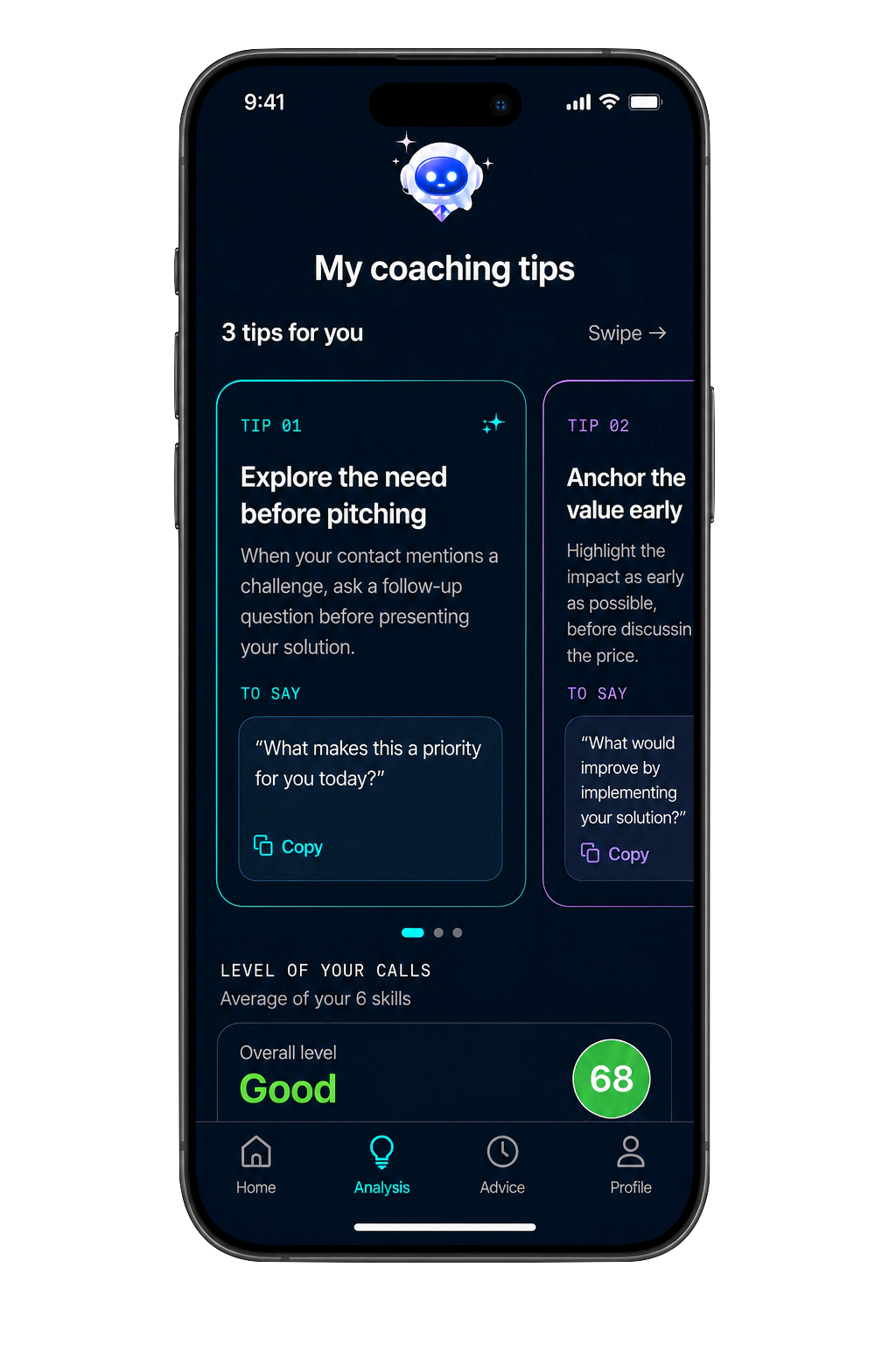 The Bloom AI app showing three coaching tips and ready-to-copy phrases