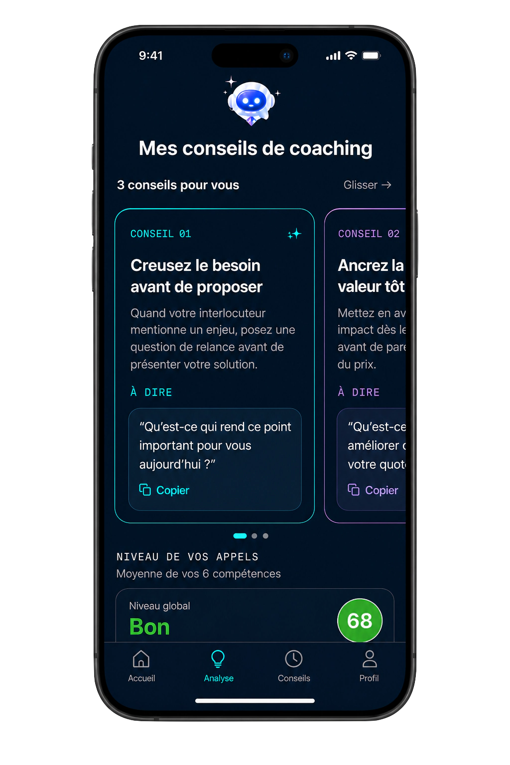 Application Bloom IA affichant trois conseils de coaching et des phrases prêtes à copier