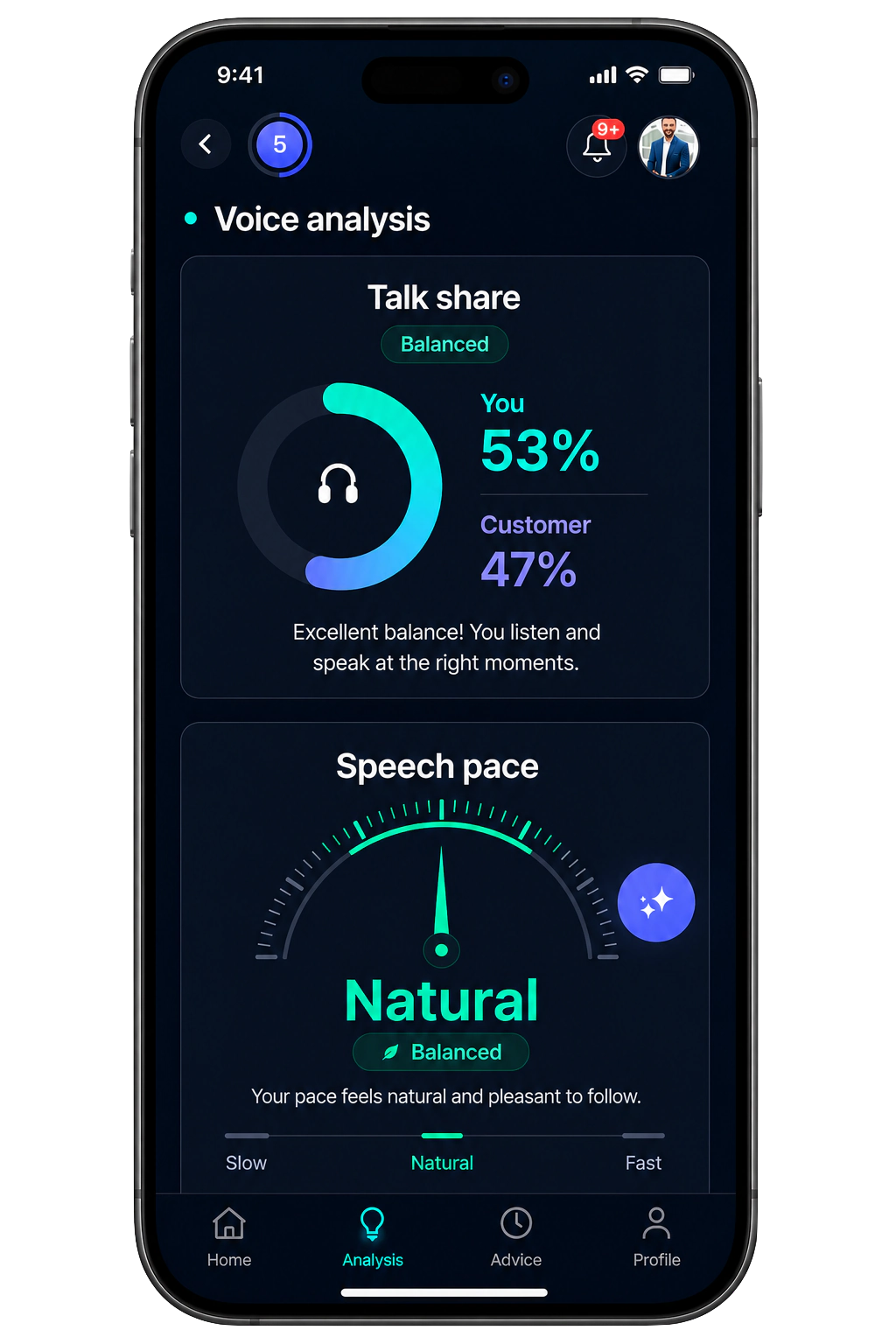 The Bloom AI app showing talk share and speaking pace