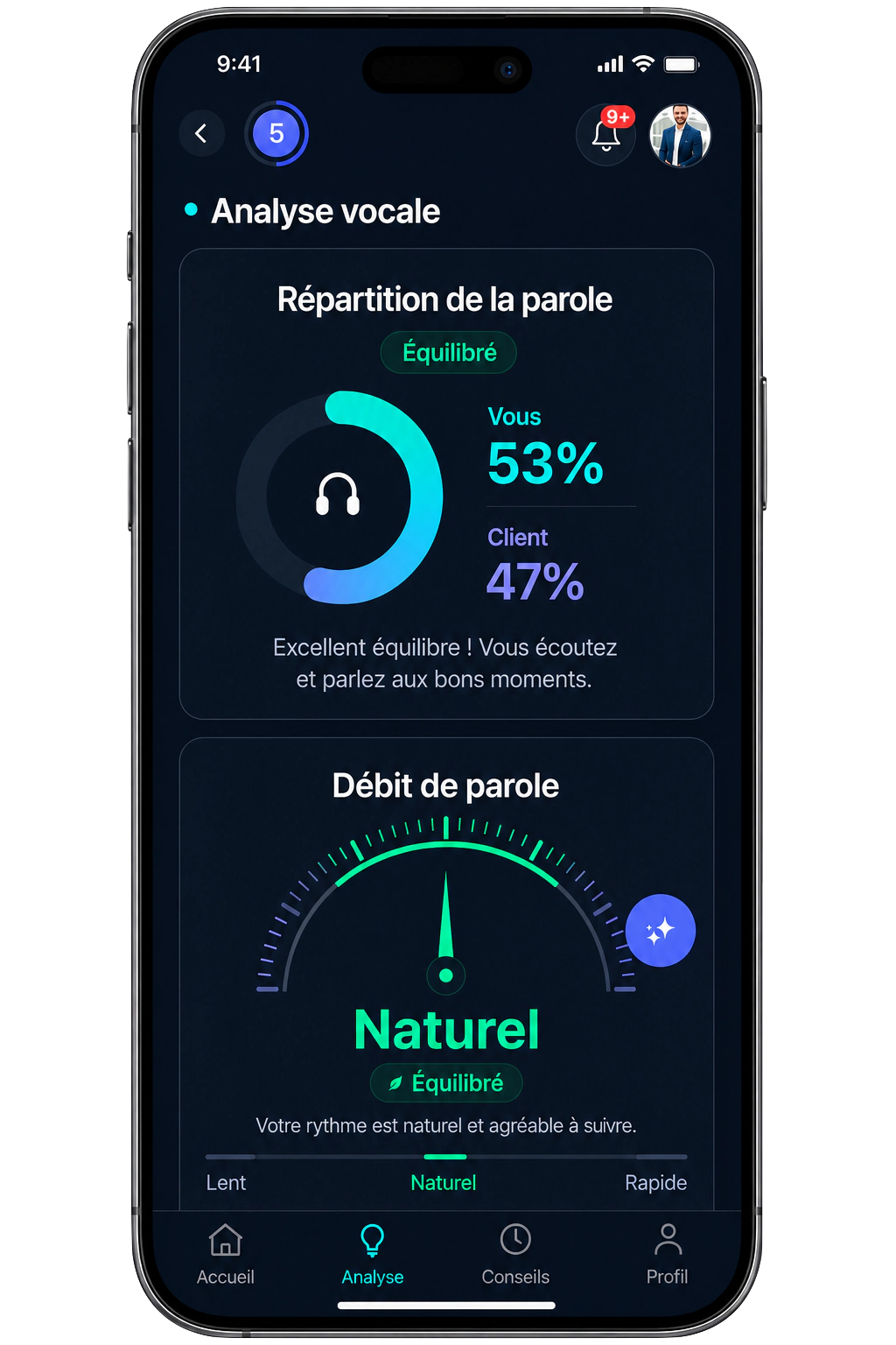Application Bloom IA affichant la répartition et le débit de parole