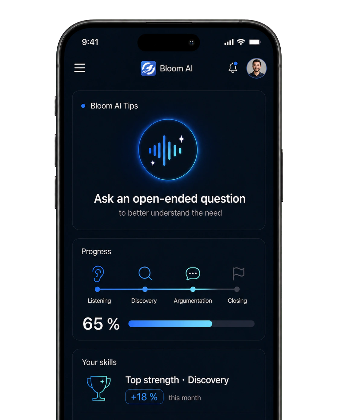 The Bloom AI app showing an AI tip, call progress and a skills overview