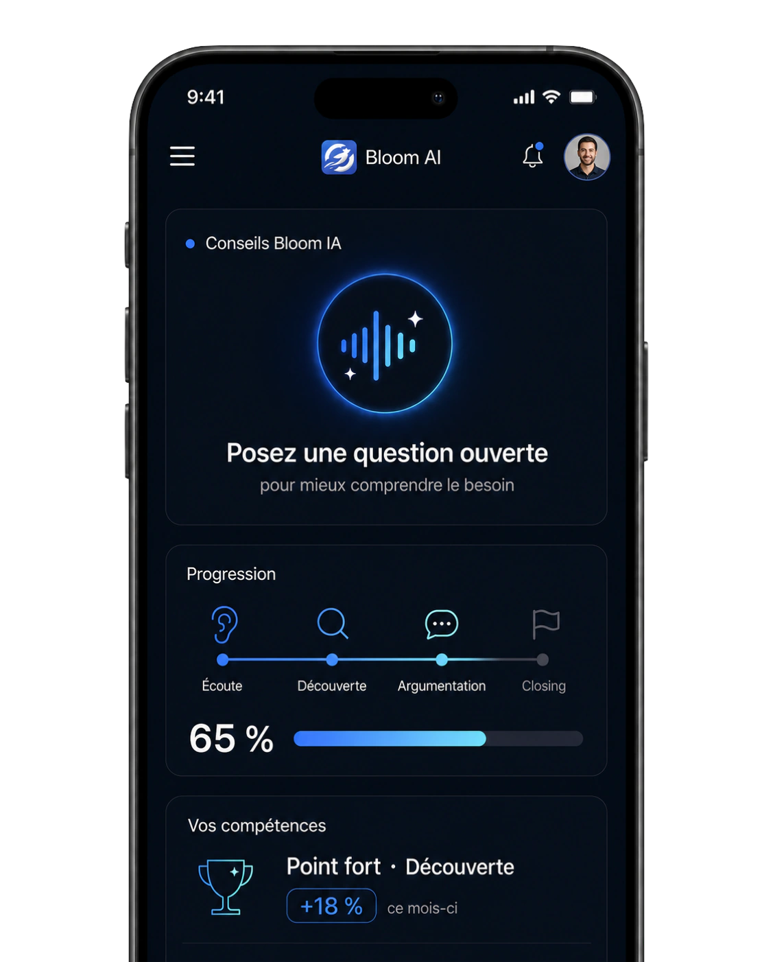 Application Bloom IA affichant un conseil IA, la progression de l'appel et un aperçu des compétences