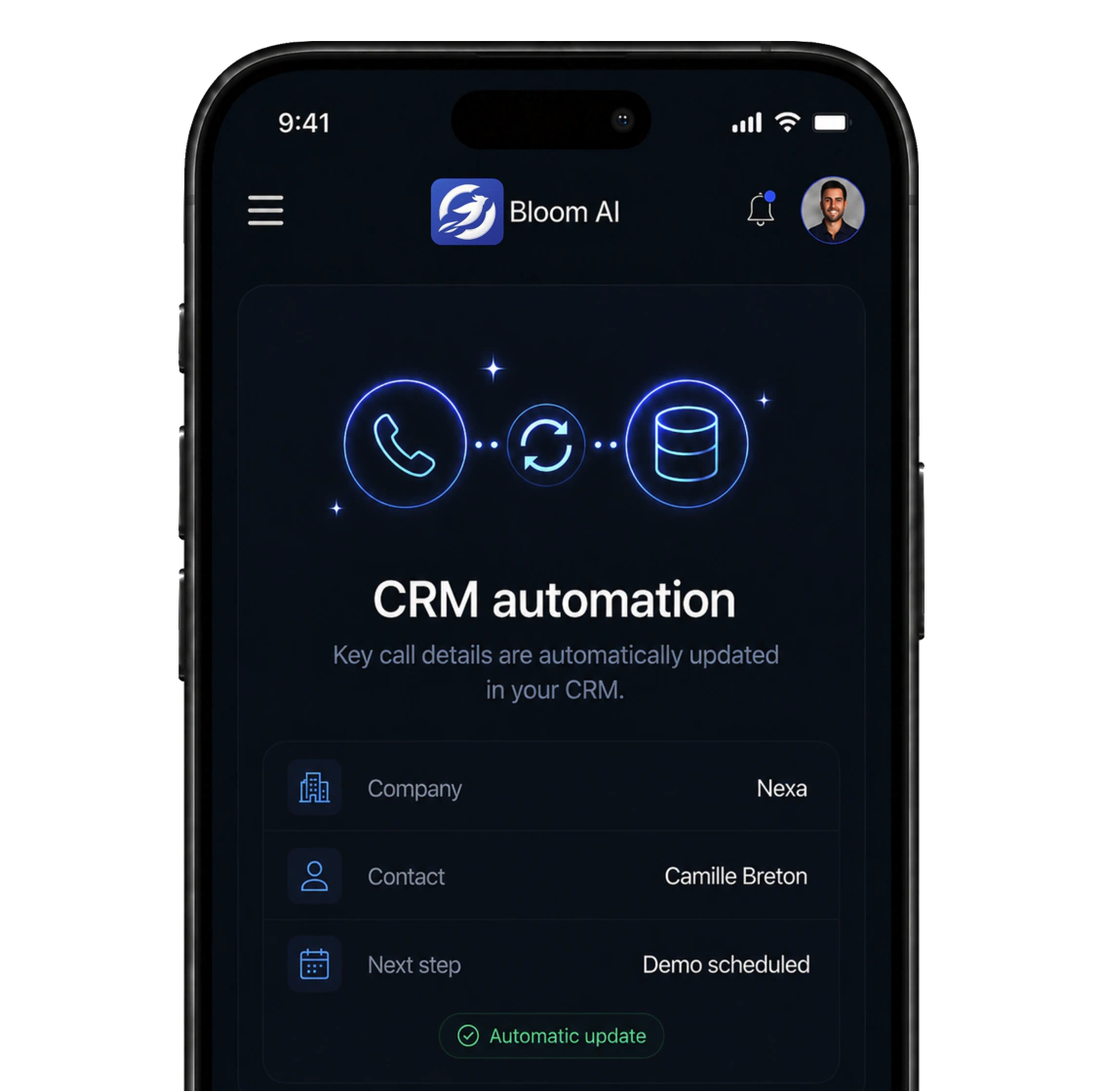 Bloom AI app showing a CRM record updated automatically after a call: company, contact and next step