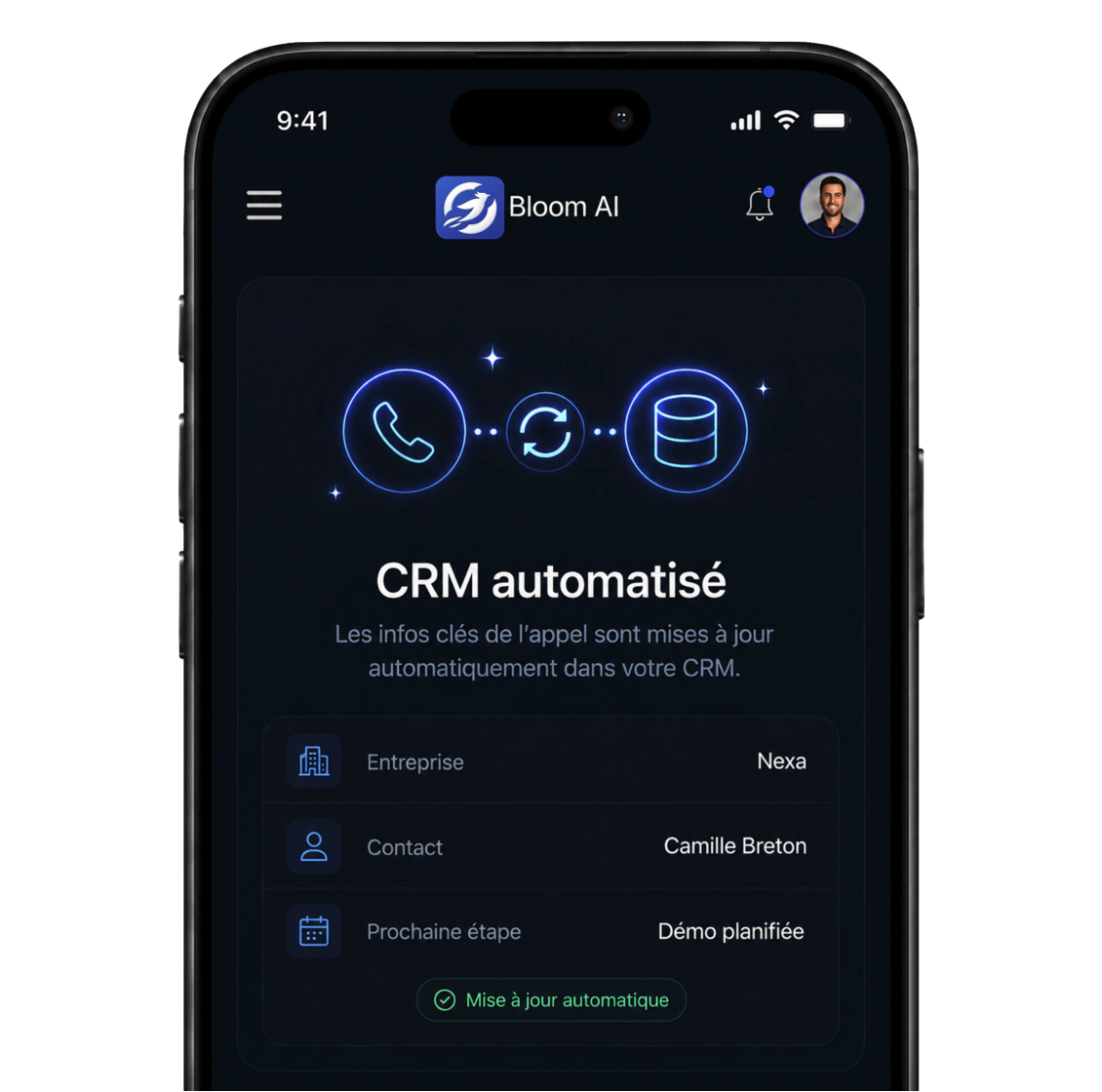 Application Bloom IA affichant la mise à jour automatique du CRM après un appel : entreprise, contact et prochaine étape