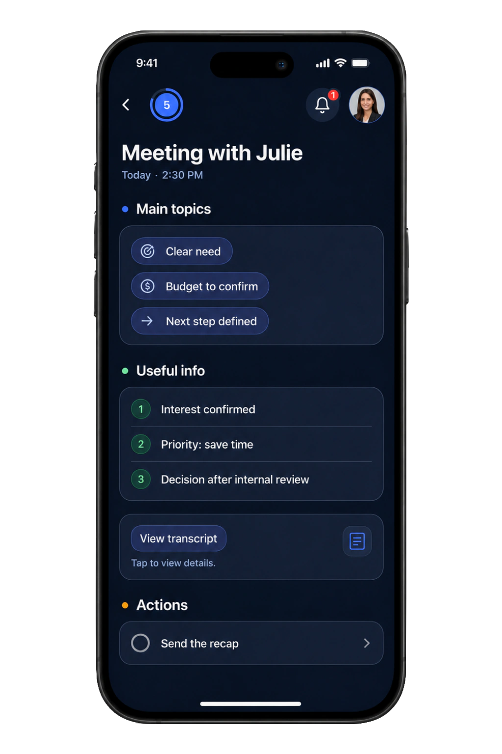 Bloom AI app showing a meeting record: main topics, useful info, transcript and actions to take