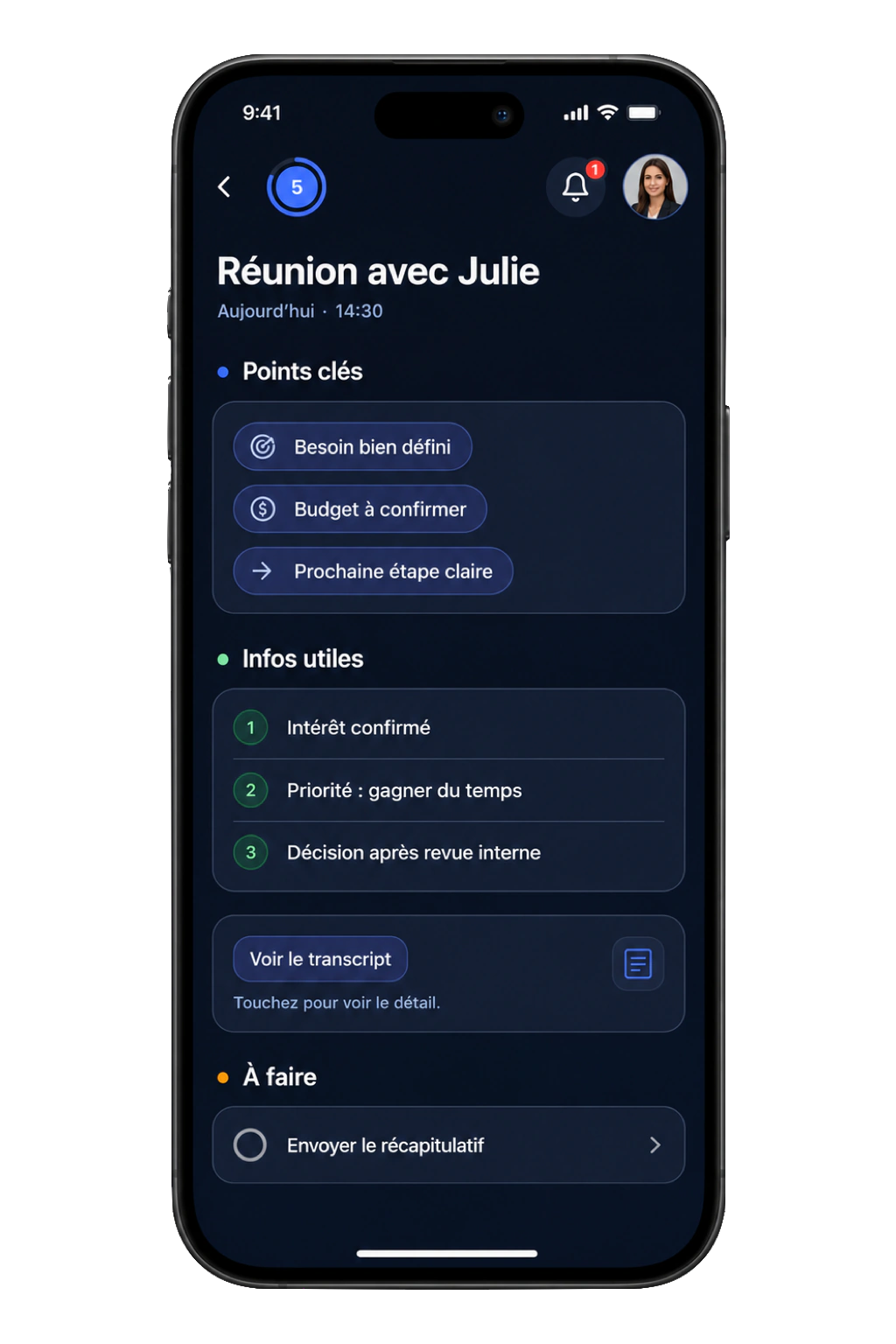 Application Bloom IA affichant la fiche d'une réunion : points clés, infos utiles, transcript et actions à faire