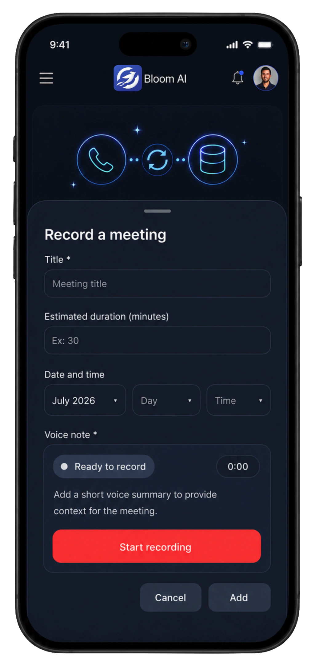 Bloom AI app showing a voice note being recorded to create a meeting record