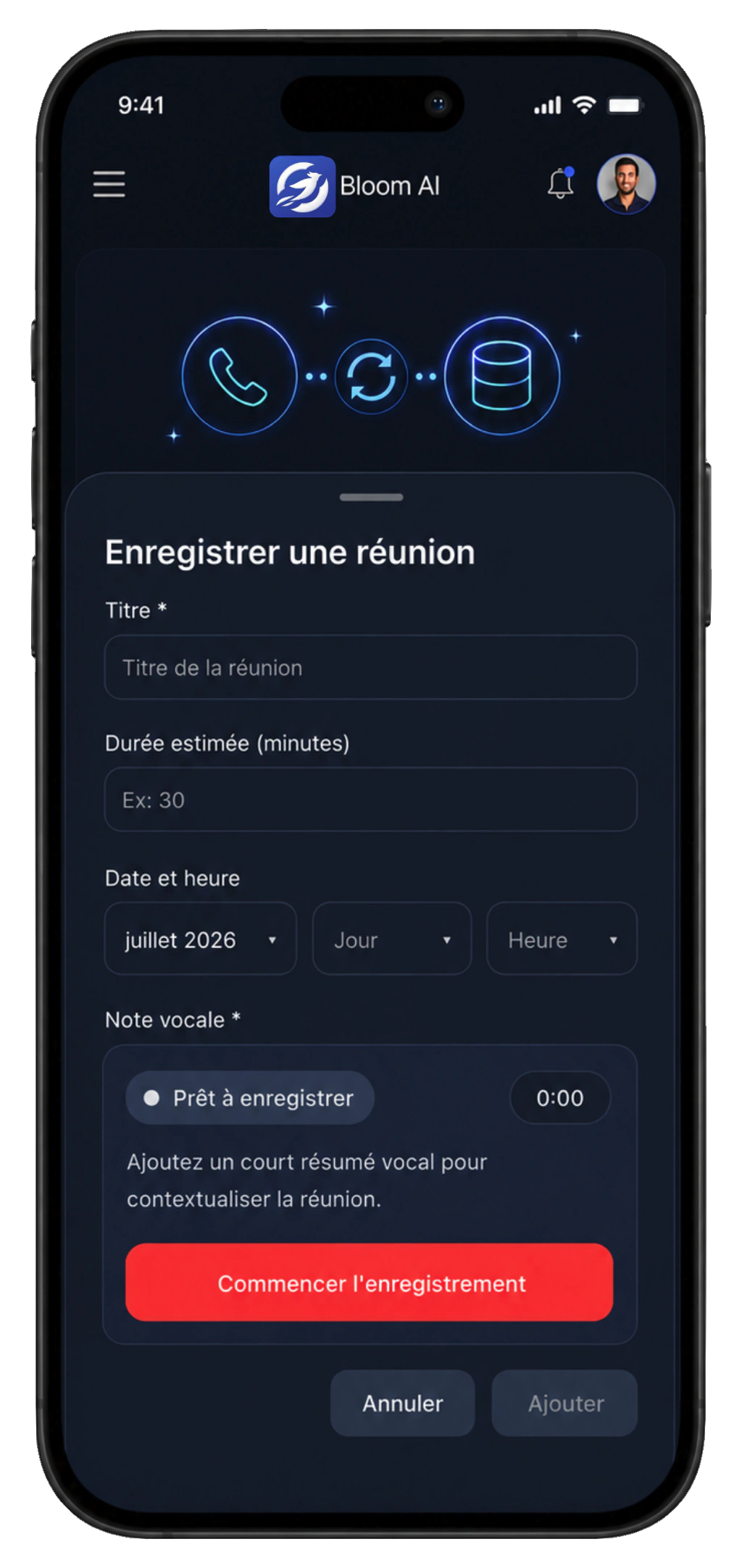 Application Bloom IA affichant l'enregistrement d'une note vocale pour créer une fiche de réunion