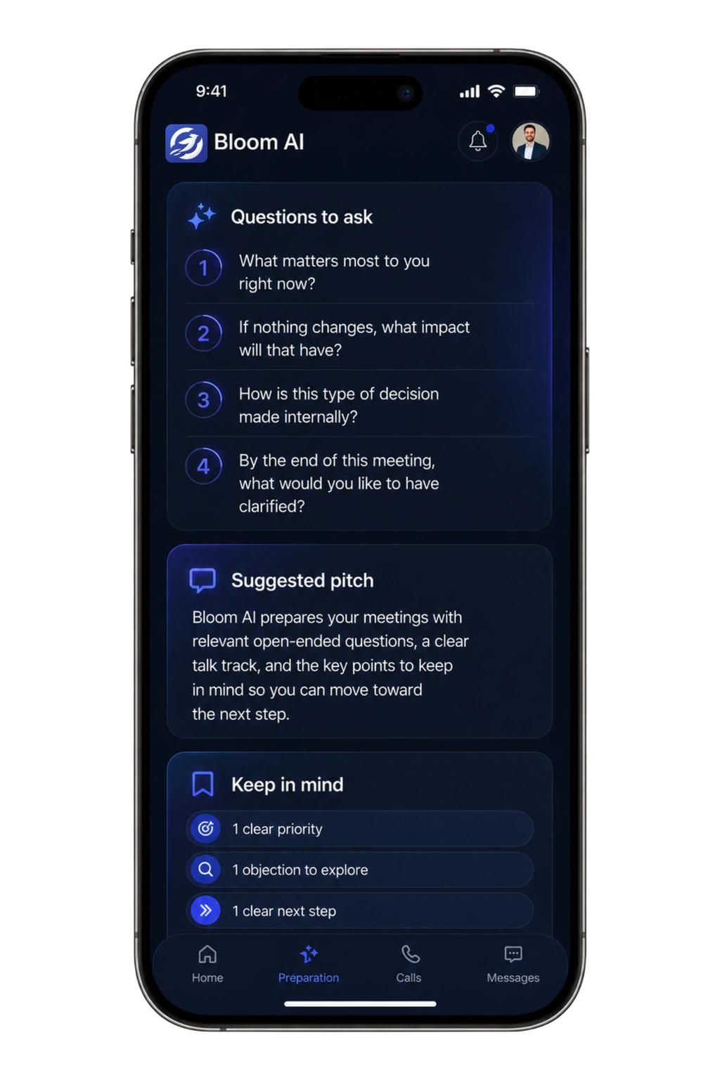 The Bloom AI app showing questions to ask, a suggested pitch and the points to keep in mind