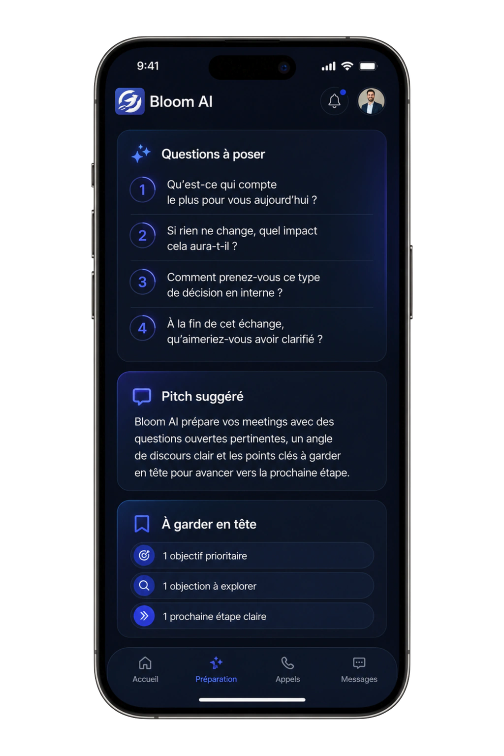Application Bloom IA affichant les questions à poser, le pitch suggéré et les points à garder en tête
