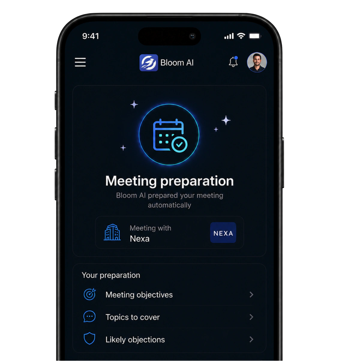 The Bloom AI app showing a prepared meeting: objectives, topics to cover and likely objections