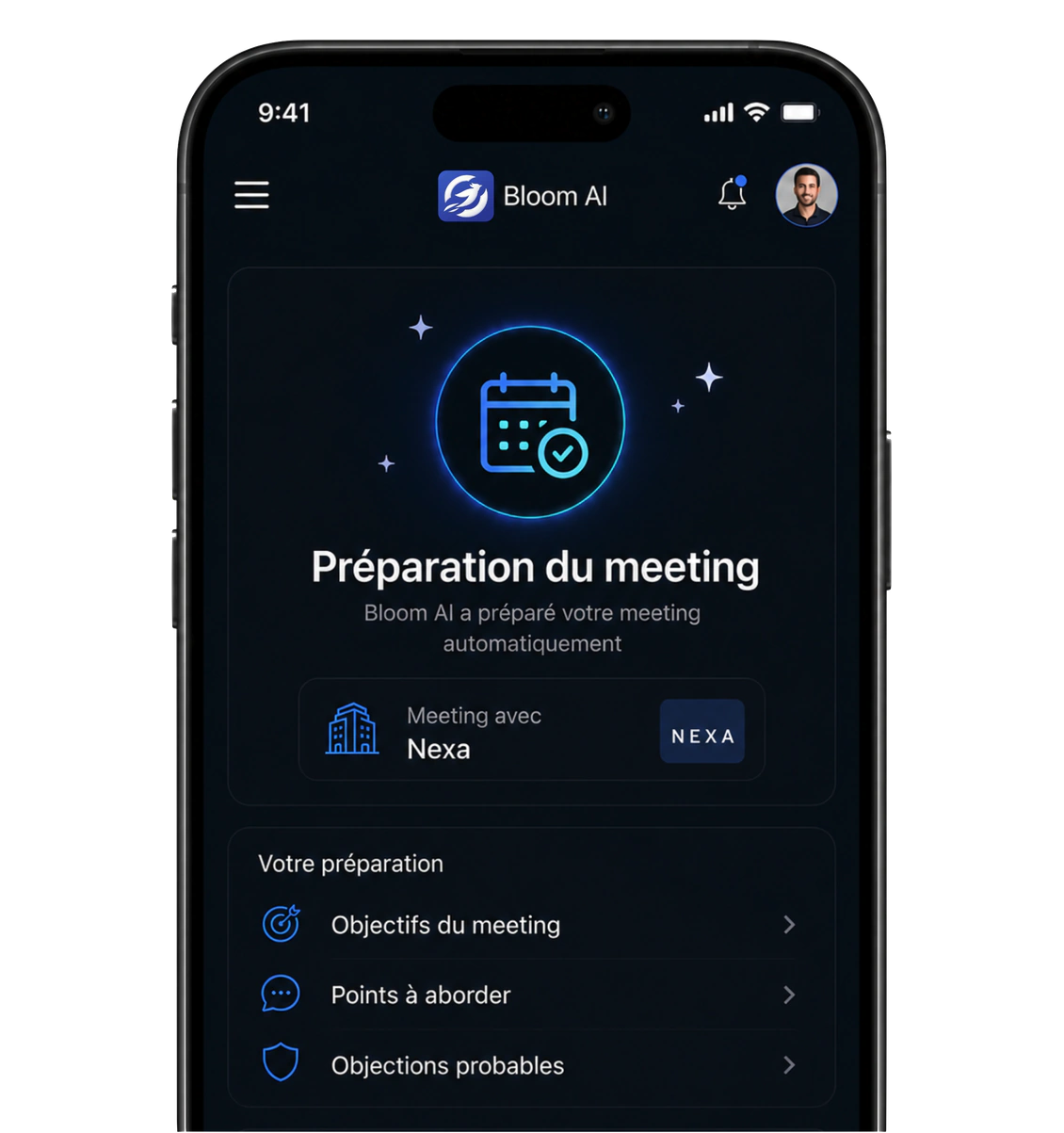 Application Bloom IA affichant la préparation d'un meeting : objectifs, points à aborder et objections probables