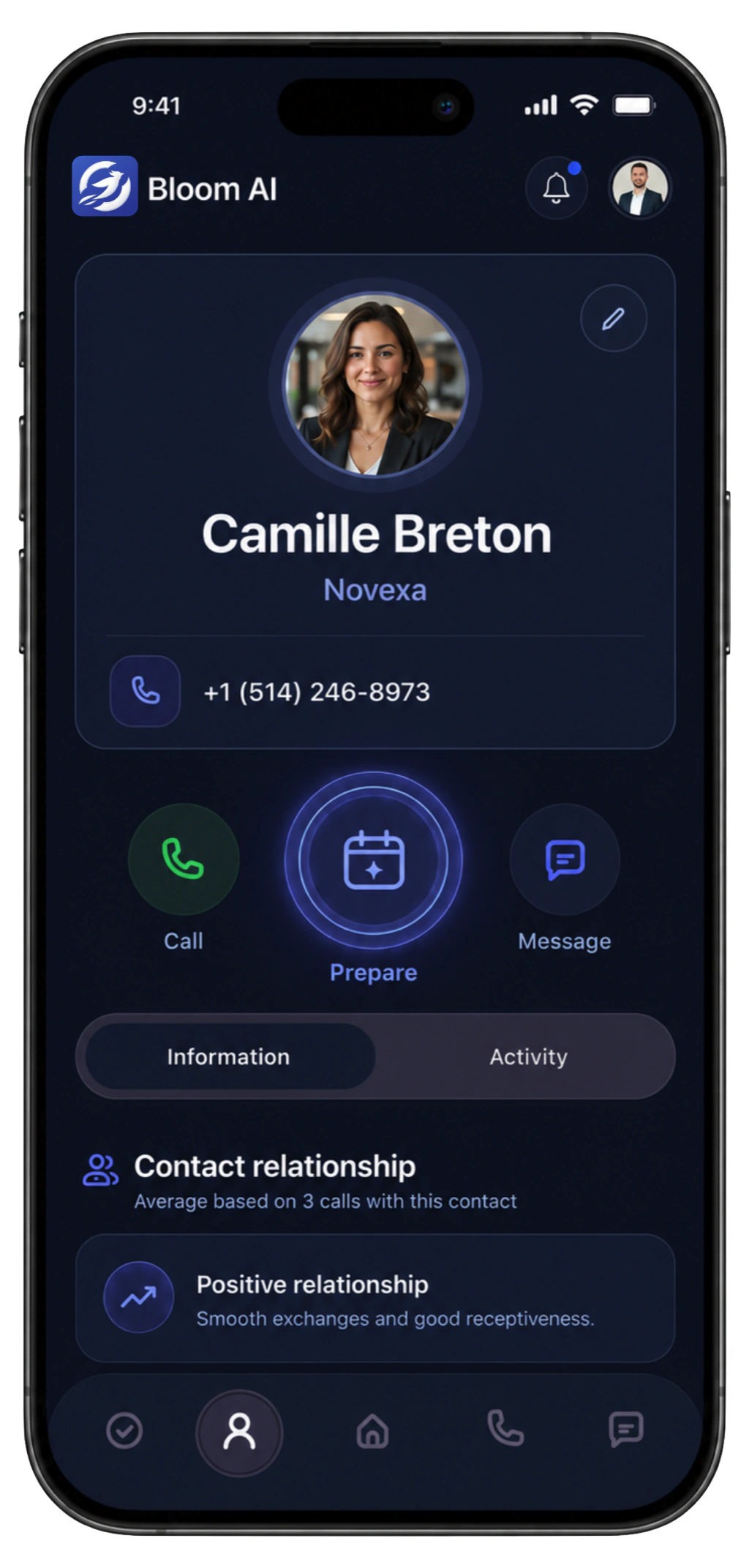 Bloom AI contact card with the Prepare button at the centre of the actions