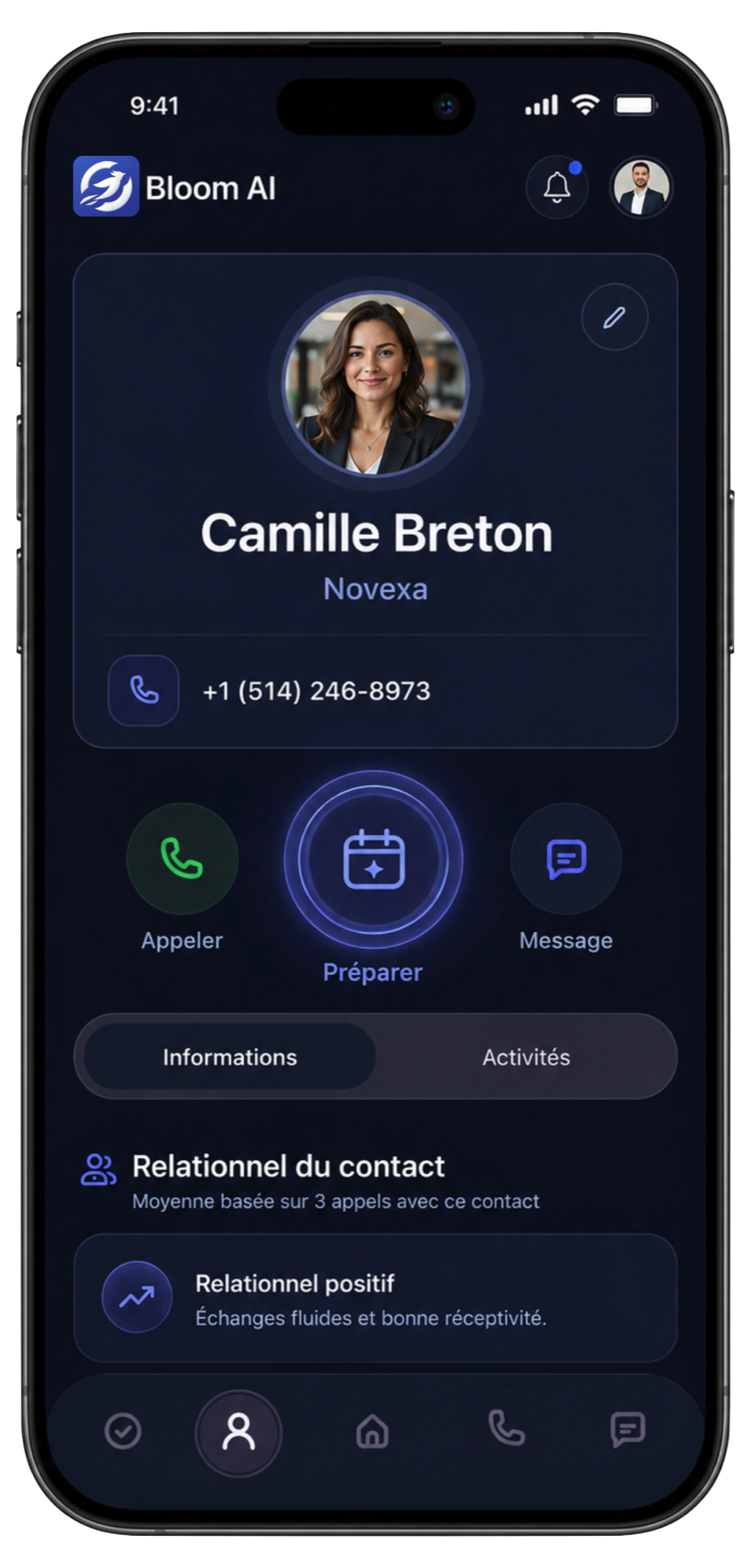 Fiche contact Bloom IA avec le bouton Préparer au centre des actions