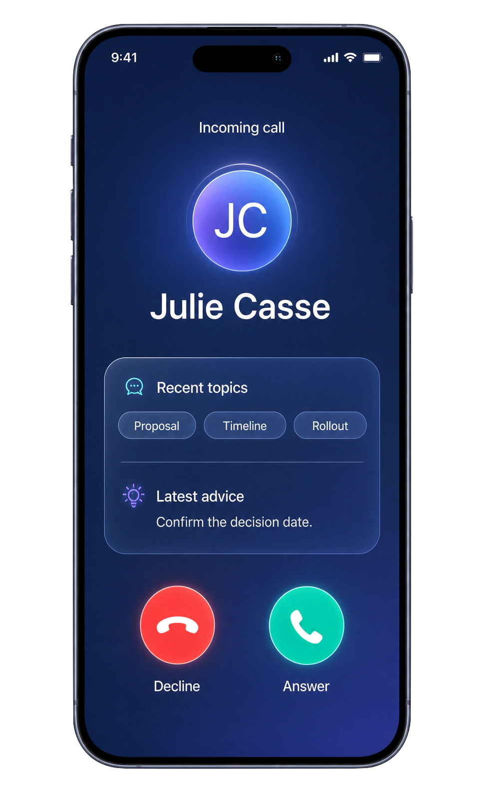 The Bloom AI app showing an incoming call with the client's name and context