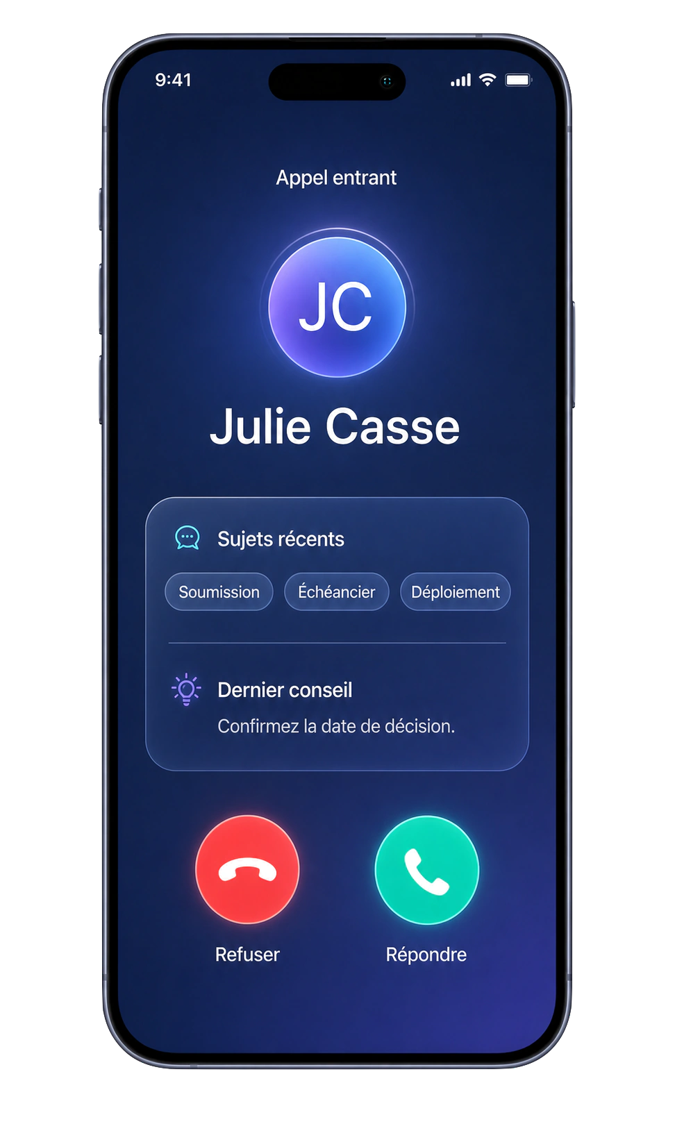 Application Bloom IA affichant un appel entrant avec le nom du client et son contexte