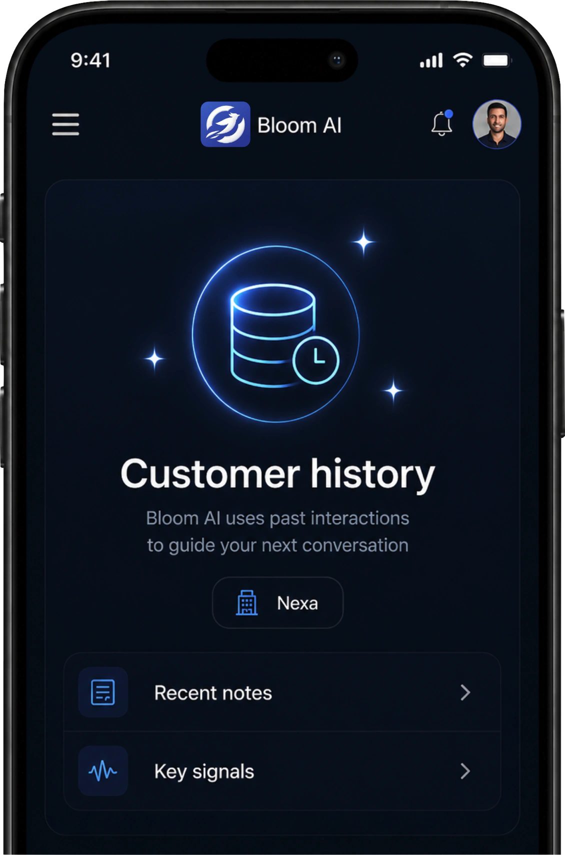 The Bloom AI app showing a client's history: recent notes and key signals