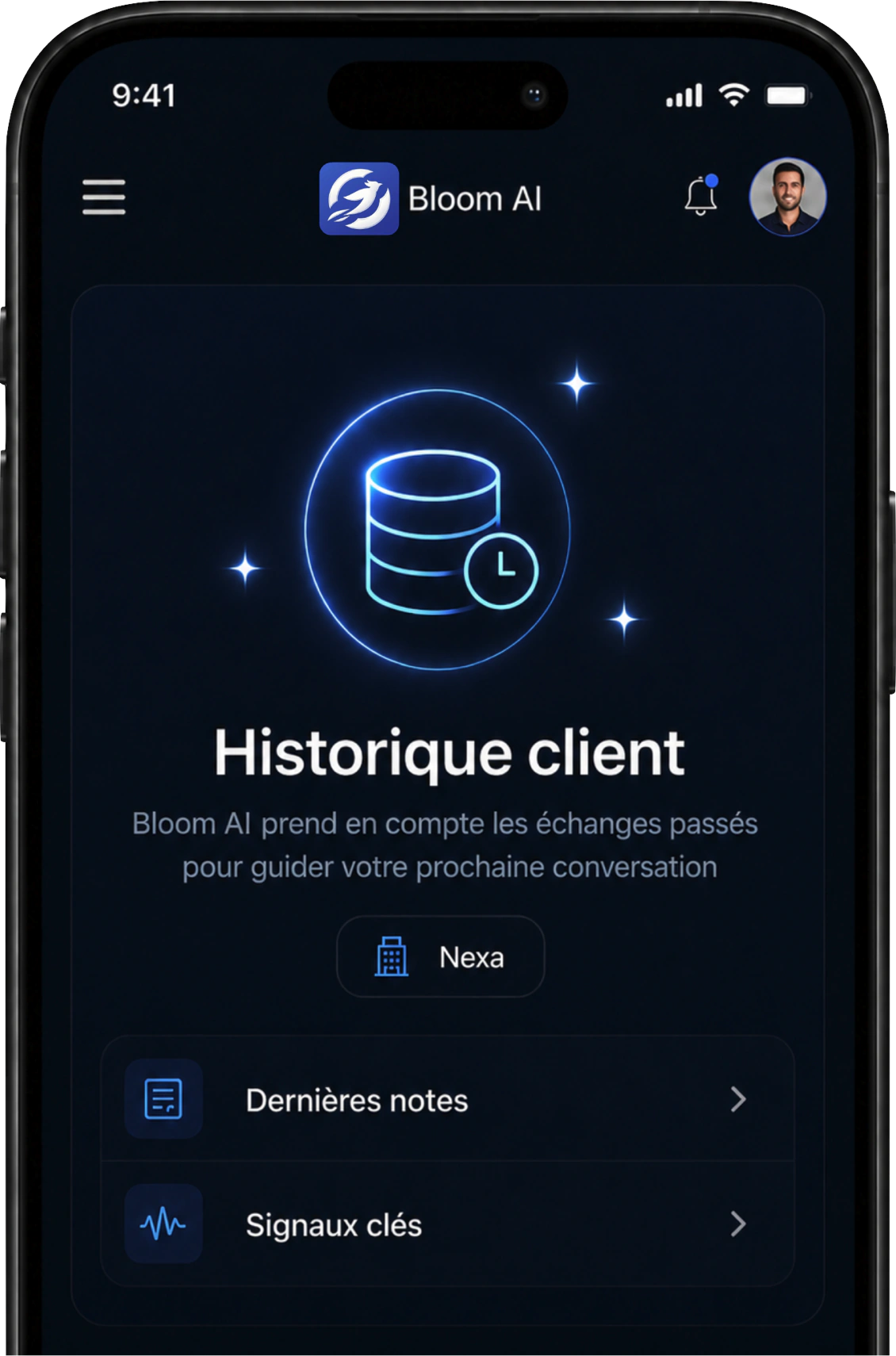 Application Bloom IA affichant l'historique d'un client : dernières notes et signaux clés