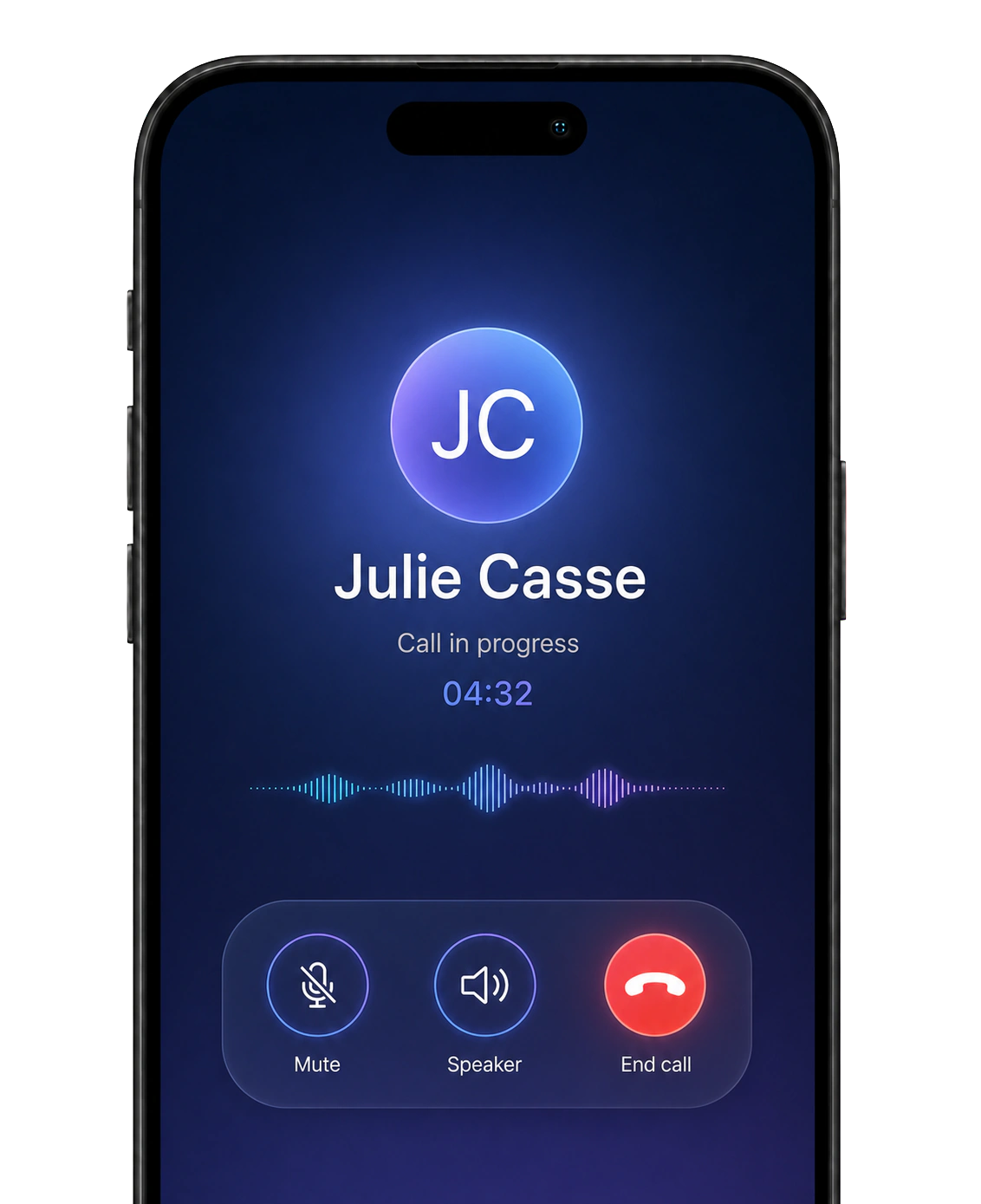 Bloom AI app during a live call, showing the client's name, the duration and the call controls