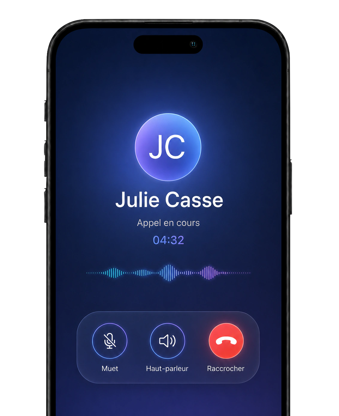 Application Bloom IA pendant un appel en cours, avec le nom du client, la durée et les commandes d'appel