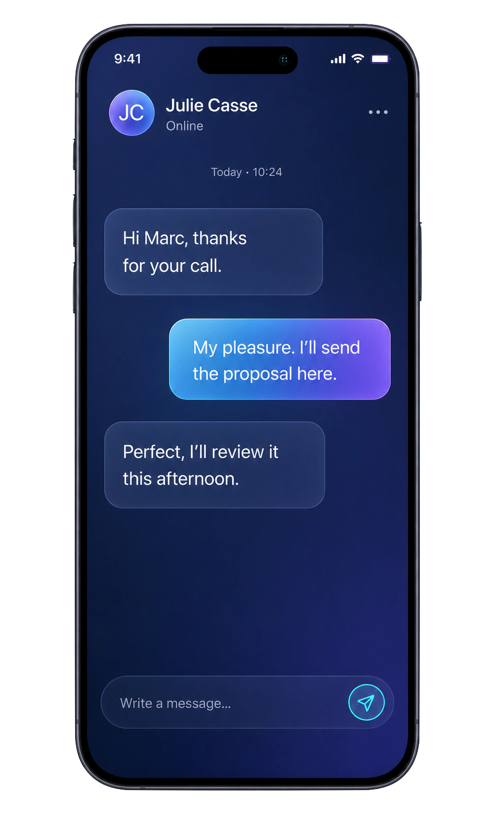 Bloom AI app showing a message conversation with a client