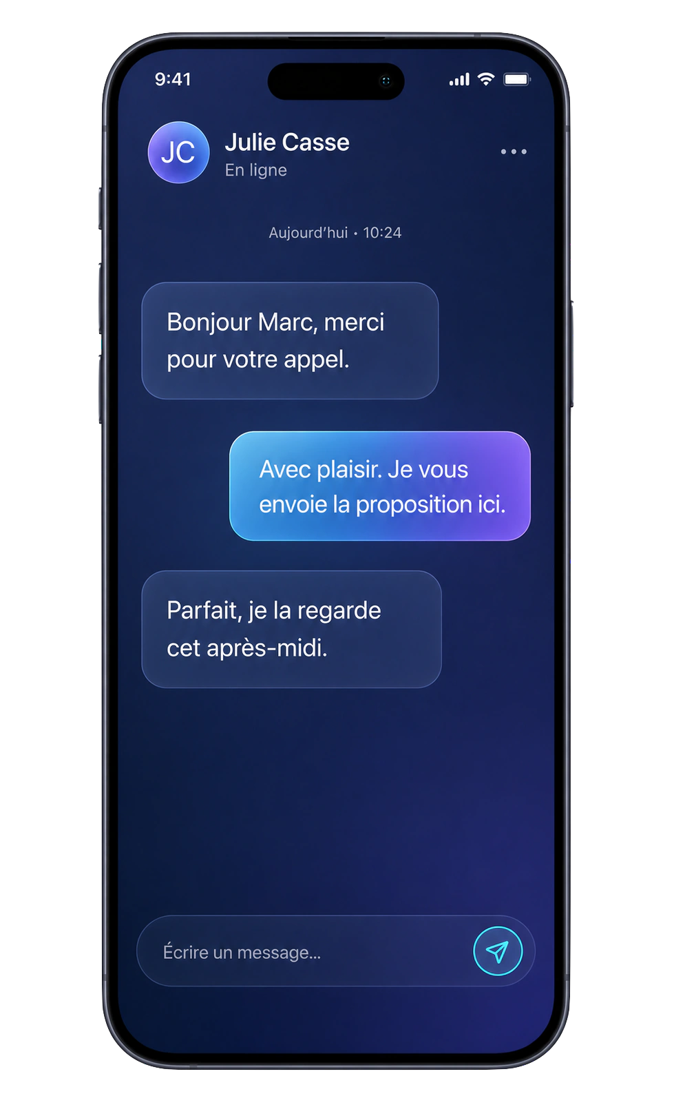 Application Bloom IA affichant une conversation de messages avec un client