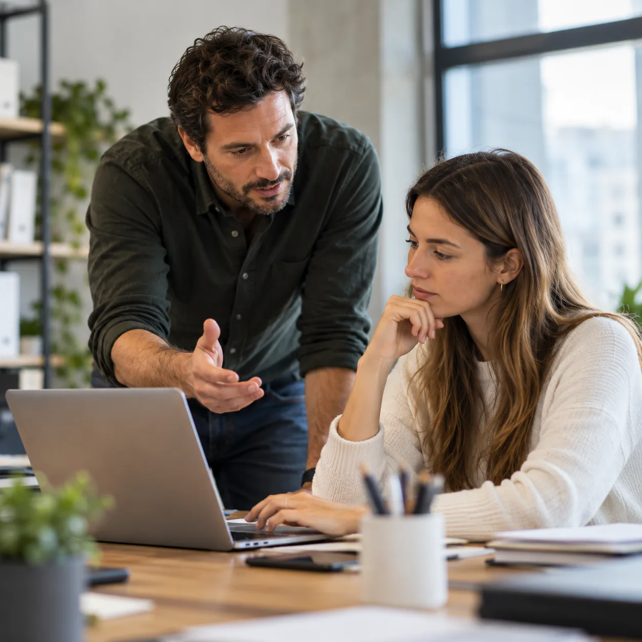 Un manager commercial coache une vendeuse devant son ordinateur